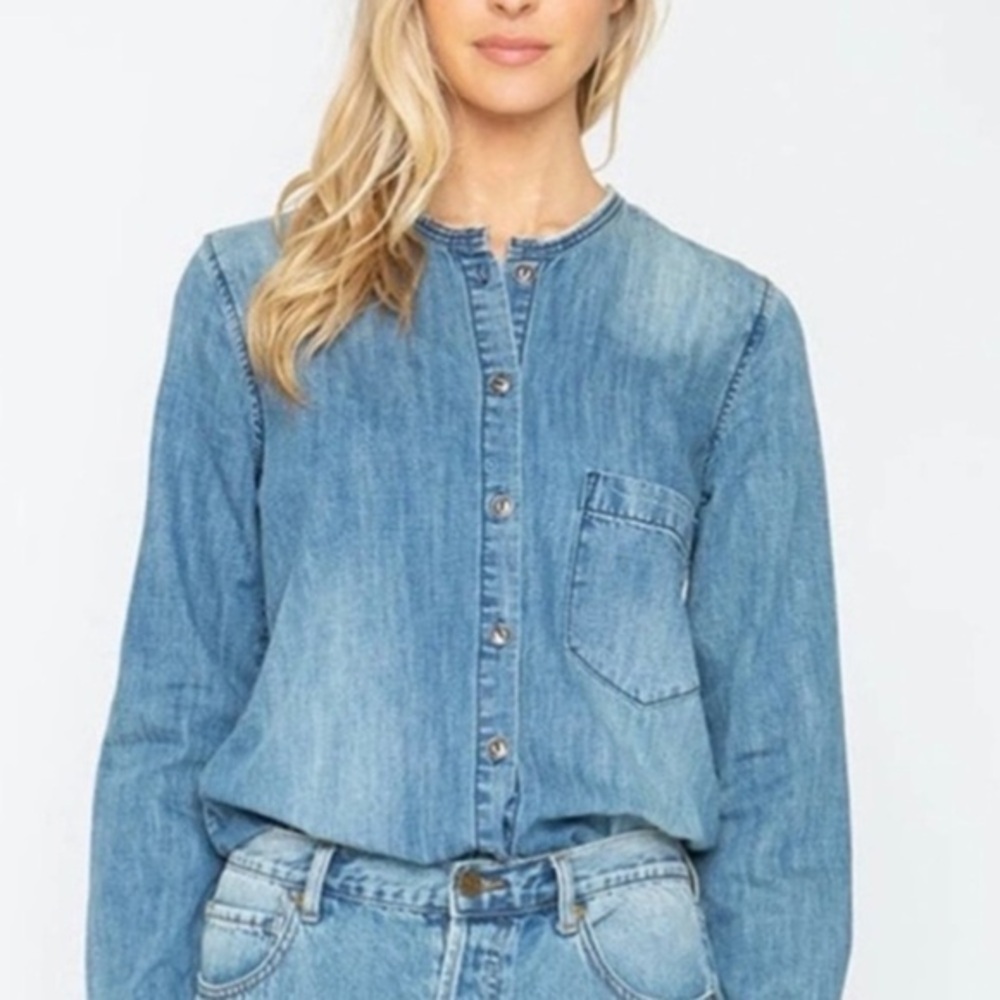 Free People X Sandrine Rose Denim Button-Up mandarin collar Tunic Shirt - XS